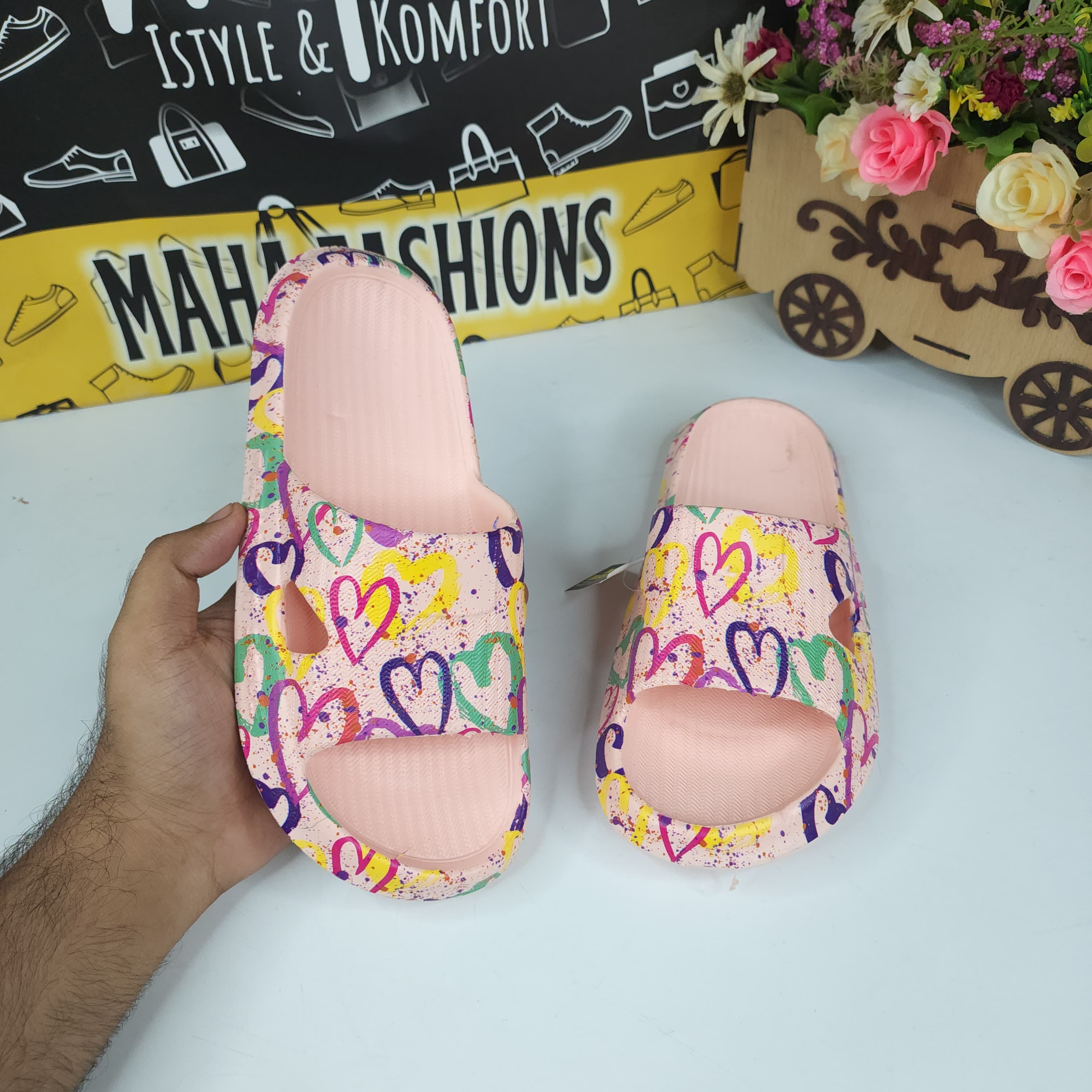 Pink Printed Slides - Maha fashions -  Women Footwear