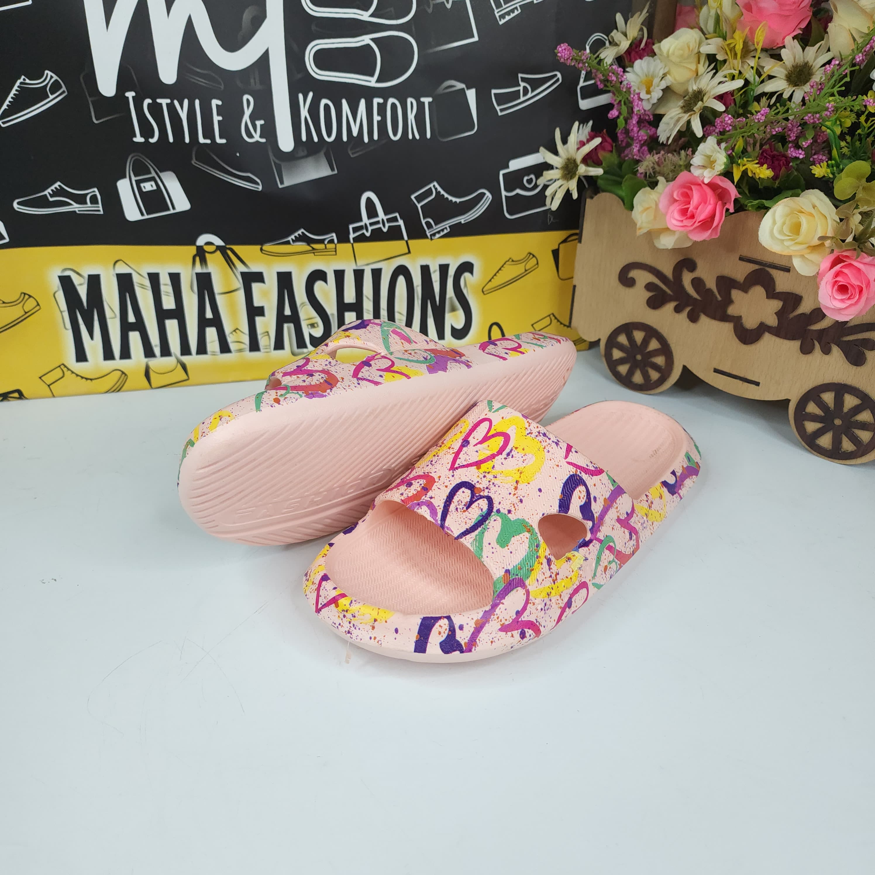 Pink Printed Slides - Maha fashions -  Women Footwear