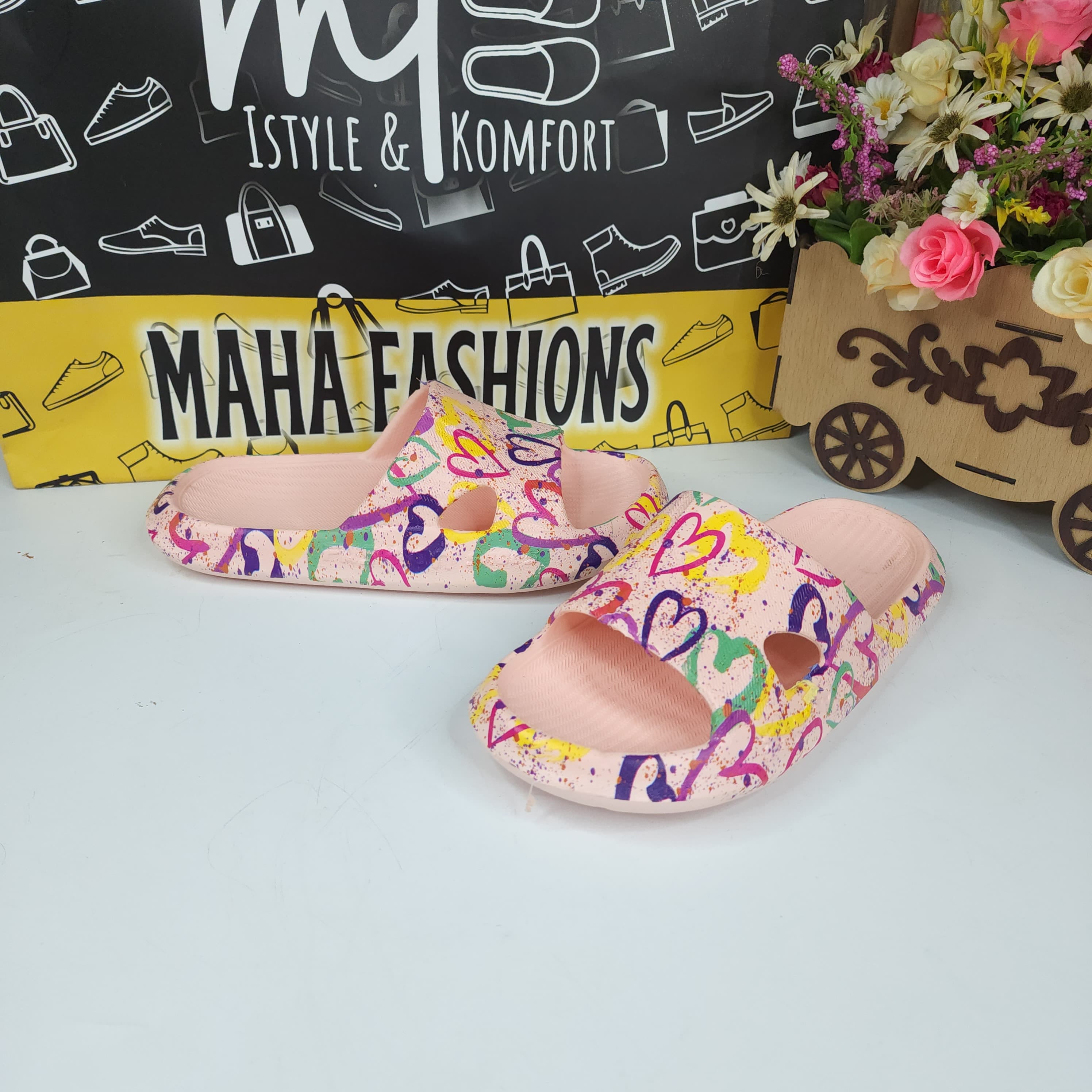Pink Printed Slides - Maha fashions -  Women Footwear