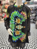 Vibrant Floral Print Chiffon Tunic - Black with Colorful Blooms - Maha fashions -  women clothing