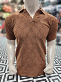 Brown Textured Diamond Pattern Polo Shirt - Maha fashions -  Men Clothing