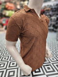Brown Textured Diamond Pattern Polo Shirt - Maha fashions -  Men Clothing