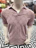 Pink Textured Diamond Pattern Polo Shirt - Maha fashions -  Men Clothing