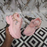 Pink Chunky Sneakers with Gold Star Chain Details - Maha fashions -  Women Footwear