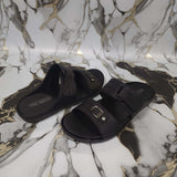 Premium Black Leather Double Strap Slippers - Maha fashions -  Men Footwear