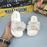 Beige Check Bow Slides - Maha fashions -  woman footwear