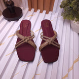 Maroon Women’s Rhinestone Flat Sandals