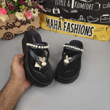 Black Wegde Slides with Buckle & Pearl