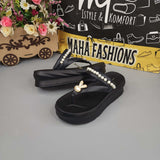 Black Wegde Slides with Buckle & Pearl