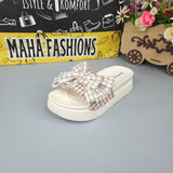 Beige Check Bow Slides - Maha fashions -  woman footwear