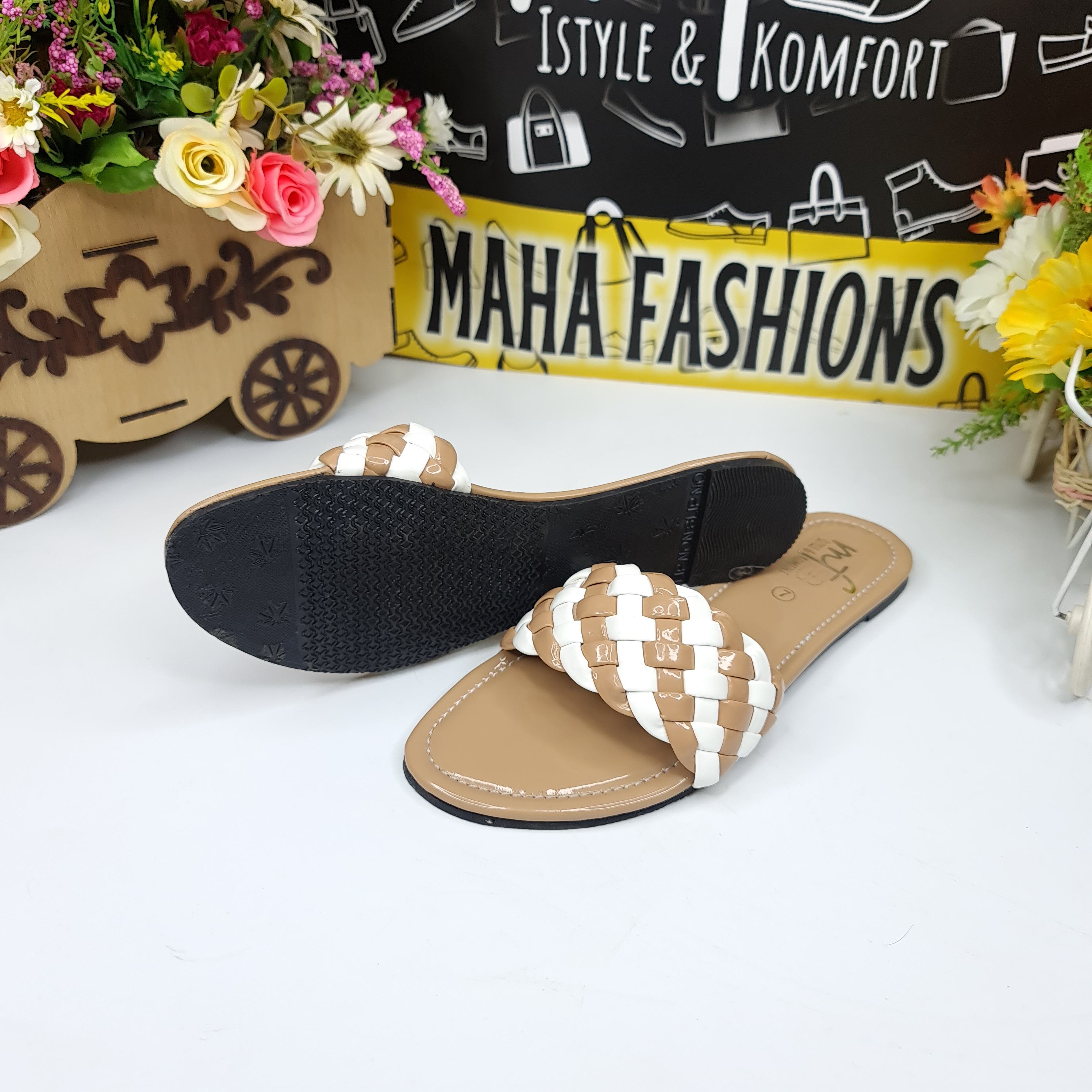 Mustard White Patten Flat Slippers - Maha fashions -  