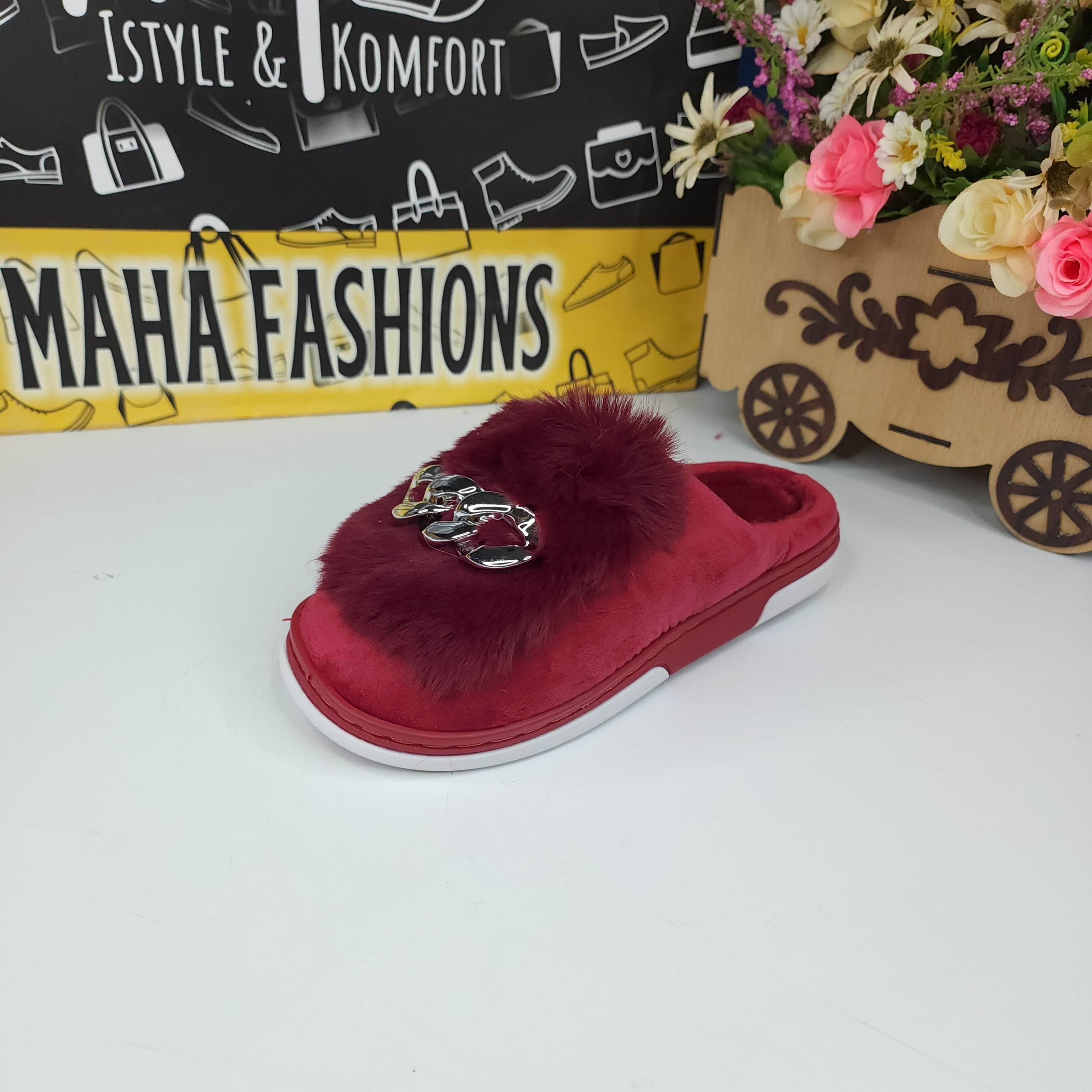 Maroon Fur Mules - Maha fashions -  