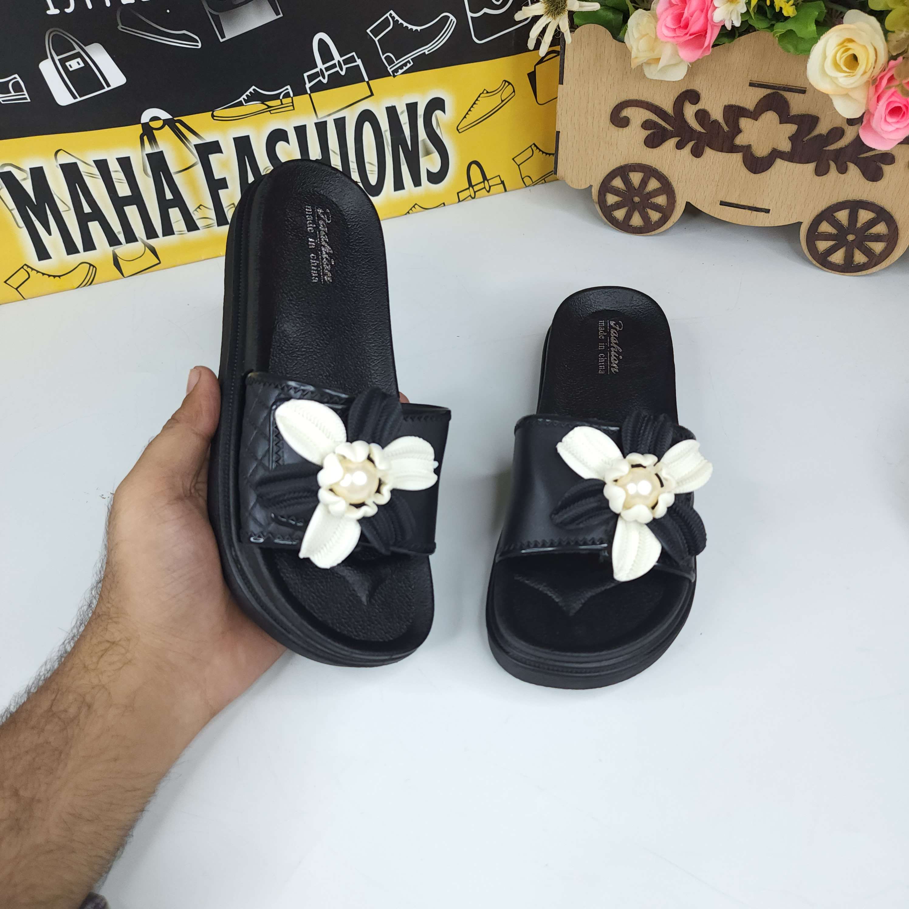 Black Floral Slides - Maha fashions -  