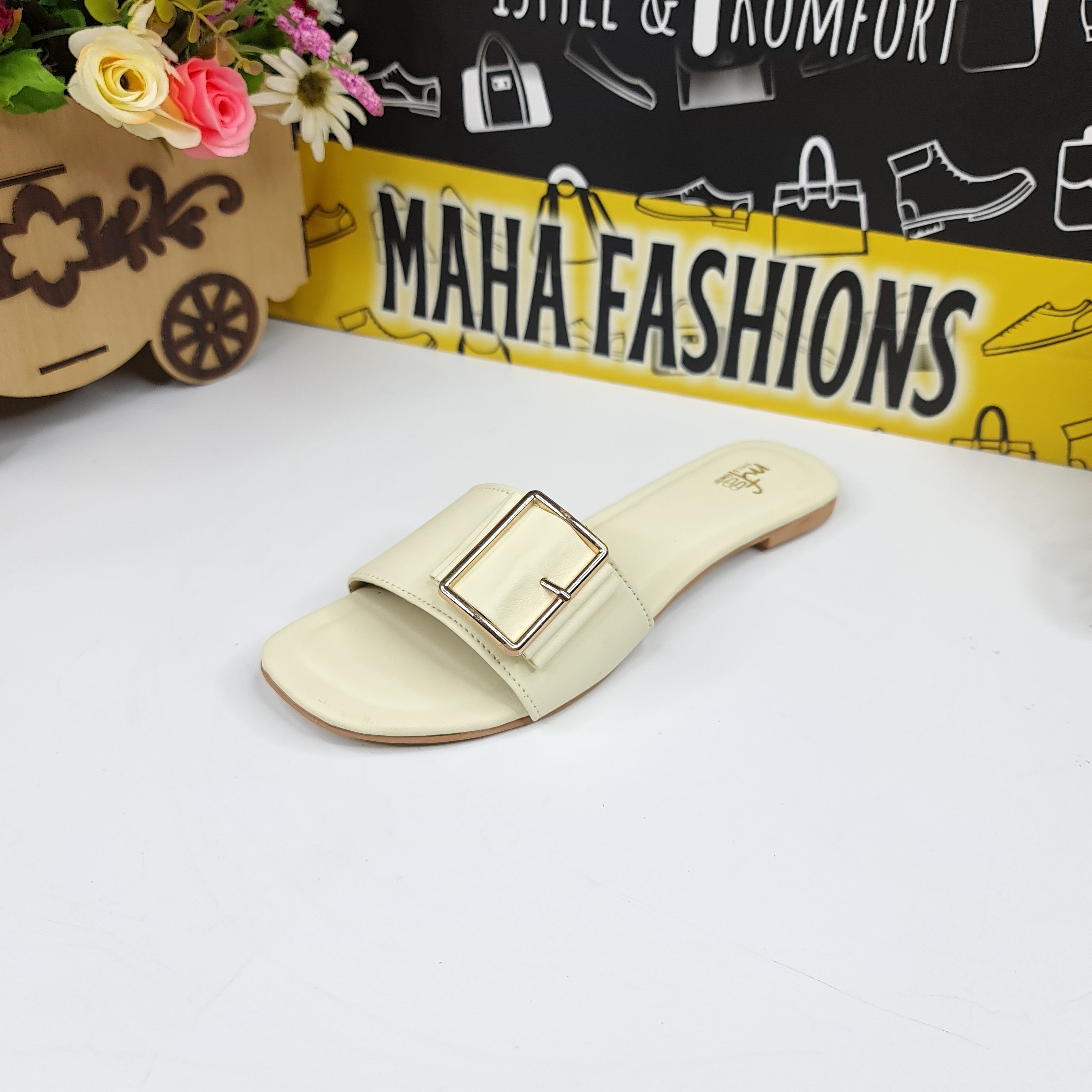 Cream Straps Buckle Flat - Maha fashions -  